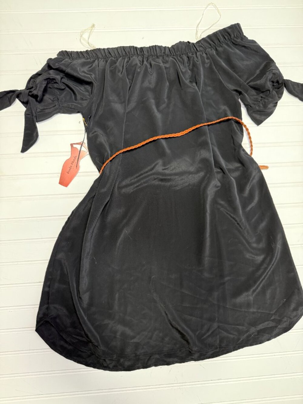 Haute Monde Black Off Shoulder Mini Dress Tie Sleeve Boho Chic size L NWT - Picture 7 of 7